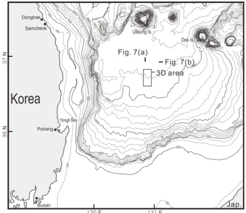 Fig. 1. Bathymetry of the Ulleung Basin and locations of seismic profiles shown in Fig