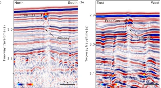 Fig. 7. Seismic profiles showing strong negative reflector beneath the seafloor. This reflector is interpreted as the  gas trapped beneath possible near-seafloor gas hydrate