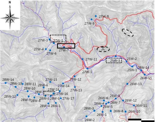 Fig. 2. Location of the sampling sites in the study area. The broken elipsoids represent the locations of the Li-bearing  deposits