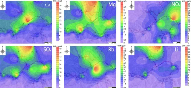 Fig. 8. Contouring map of the isopleths of the major component concentrations (ppm) and the trace element  concentrations (ppb) of the water samples from the study area