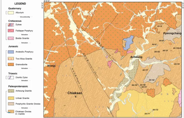 Fig. 2. Sketch geologic map of the Wonju-Anheung-Pyeongchang area, Korea, showing the locations of samples  analyzed in the present study.