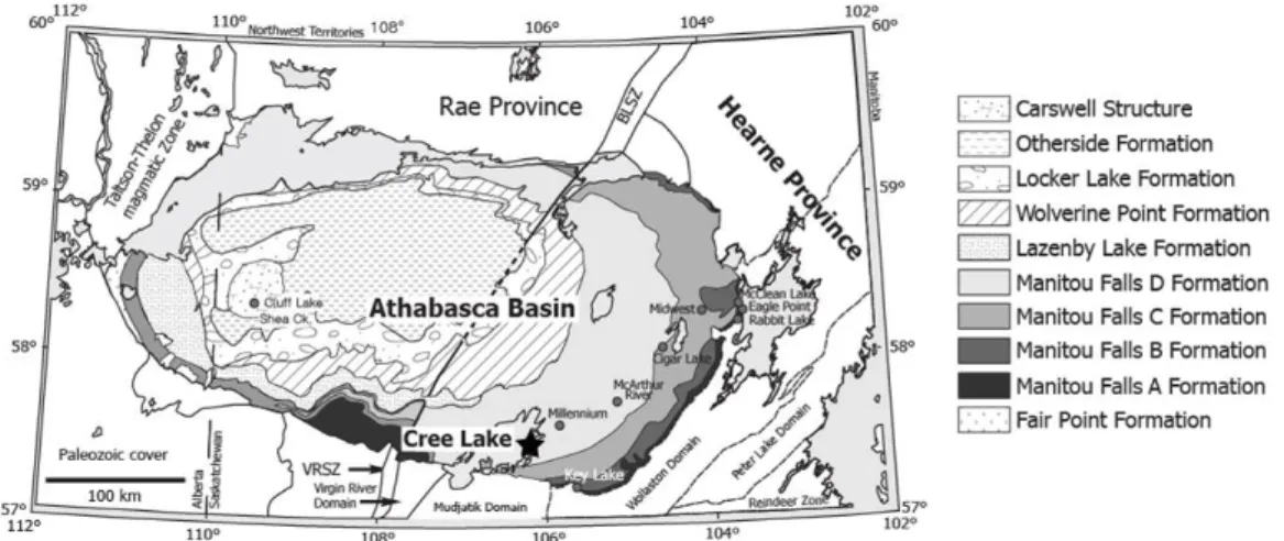 Fig. 1. Simplified geologic map of the Athabasca basin in northern Saskatchewan, Canada