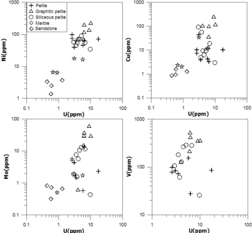 Fig. 5. Correlation diagram of U and metallic elements for pelite, graphitic pelite, siliceous pelite, marble, and  sandstone