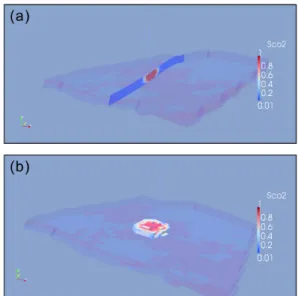 Fig. 11. Simulated CO 2 saturation and migration for  heterogeneous facies model. Simulation time is 50  days