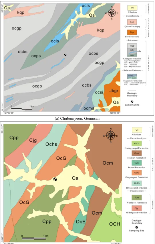 Fig. 1. Geological maps around the soil sampling sites (modified from Lee et al., 1980 (a) and  Lee et al., 1972 (b)).