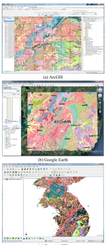 Fig. 7. Geologic maps which are respectively loaded on ArcGIS, Google Earth and QuantumGIS by Web Map Service (WMS) protocol.