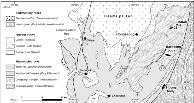 Fig. 2. Geologic sketch map of the Hongseong area with sample locations. Modified after Kee et al