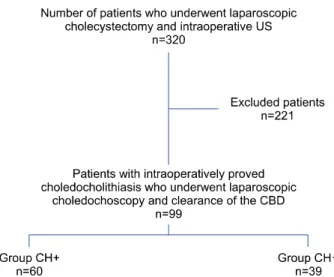 Fig. 1. Study population (US, ultrasonoscopy; CBD, common bile duct; CH, acute cholangitis).