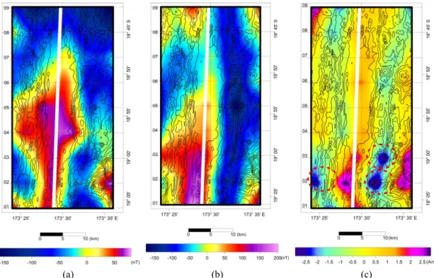 Fig. 8. (a) Magnetic anomaly, (b) RTP and (c) calculated magnetization maps with bathymetric contours superposed