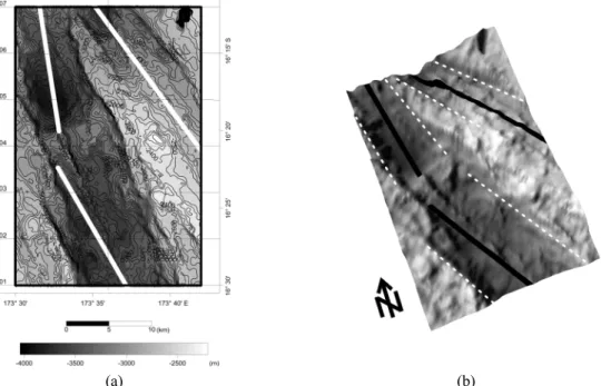 Fig. 3. Observed (a) 2D and (b) 3D bathymetry maps of the KF-1 area. The white and black lines of all Fig