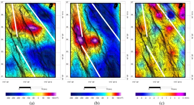 Fig. 4. (a) Magnetic anomaly, (b) RTP, and (c) calculated magnetization maps of the KF-1 area with bathymetric  contours superposed