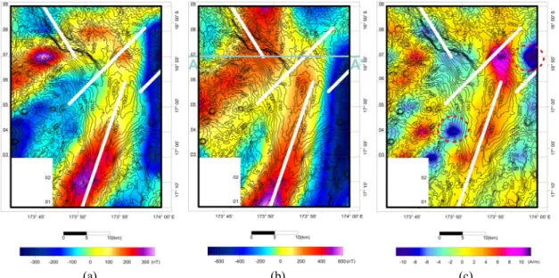 Fig. 6. (a) Magnetic anomaly, (b) RTP, and (c) calculated magnetization maps with bathymetric contours superposed