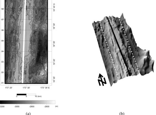 Fig. 7. Observed (a) 2D and (b) 3D bathymetry maps of the KF-3 area. The white and black lines of all Fig