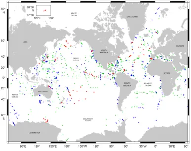 Fig. 2. Location map of the drilling sites by DSDP, ODP, and IODP. Note to classify individual location of DSDP,  ODP, and IODP by colored dot.