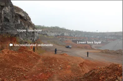 Fig. 2. An overview of the study area. Unconsolidated sediments are intercalated between lava layers.