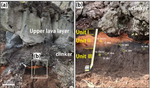 Fig. 4. Unconsolidated sediments are covered by the upper lava with clinker in section 2