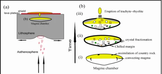 Fig. 13. (a) A modified schematic diagram of tectonic features of the NE Asia after Lei and Zhao (2005), and  (b) Schematic diagram showing the fractional crystallization model for generation of rhyolite in magma  chamber and the volcano eruption during hi