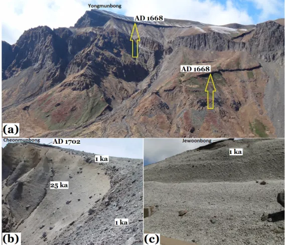 Fig. 1. Outcrop of pumice and pyroclastic flow sheet at the summit of Cheonji caldera