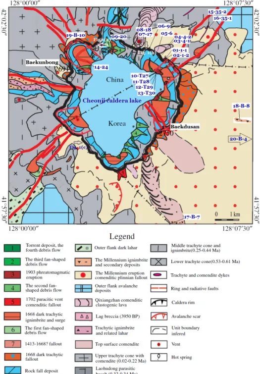 Fig. 2. Geologic map of the summit area of the Cheonji caldera, Mt. Baekdusan volcano, modified from Wei et  al., 2013