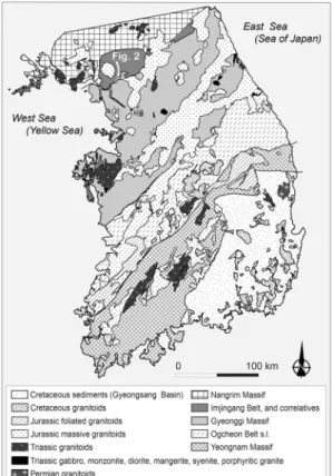 Fig. 1. Simplified tectonic map of Korea.1.  서 언 한반도를 이루는 기반암의 많은 부분은 신시생대 에 맨틀에서 분리된 물질로 이루어진 선캠브리아기 대륙 지각으로 이루어져 있으며, 이들은 북쪽에서부터 낭림, 경기, 영남육괴로 분류된다(그림 1; Lee and Cho, 2012)