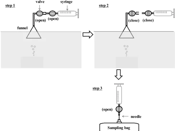 Fig. 2. Schematic diagram of sampling apparatus and procedures for volcanic gases: step 1: the evacuation of a  funnel after submerged under water, step 2: the collection of volcanic gases into the funnel, and step 3: the transfer  of volcanic gases into a