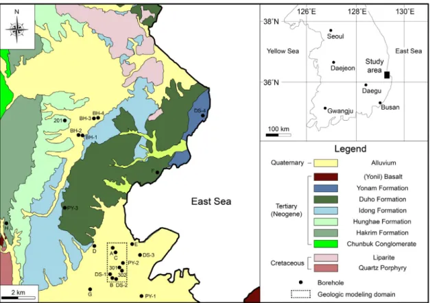 Fig. 1. Location and geologic maps of the Pohang Basin with 22 deep boreholes and geologic modeling domain
