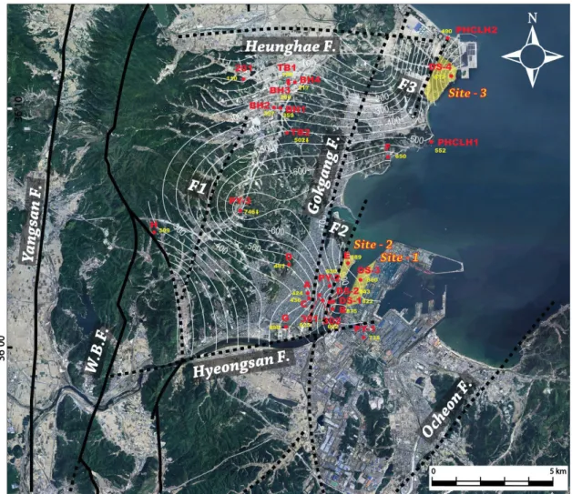 Fig. 5. Depth (yellow numbers) distribution map of the basement in the U-block of the Pohang Basin, determined  using 26 deep drilling boreholes, shows major faults and three potential CO 2  storage sites (yellowish areas)