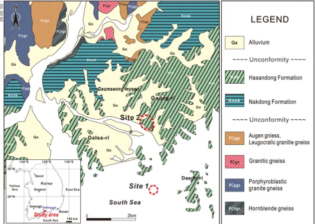 Fig. 1. Location and geological map of study area (Chang et al., 1989).1.  서 언하산동층은 중생대 백악기 경상분지에 발달한 지층 중 하성 퇴적층이 가장 특징적으로 나타나는 지층이며,  다양한 특성의 캘크리트를 포함한 석회질 고토양이 가장 빈번하게 발달한 지층이다(Paik and Kim, 1995; Paik, 1998; Paik and Lee, 1998; Paik et al., 1998; Choug