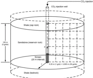 Fig. 1. Schematic diagram of the storage formation and  carbon dioxide injection well (modeling domain) with  the grid net for Case 1 (base case, coarsest grids)