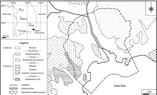 Fig. 1. Location and surface geologic maps of the study area with numerical modeling domain (Cho and Kim, 2009)