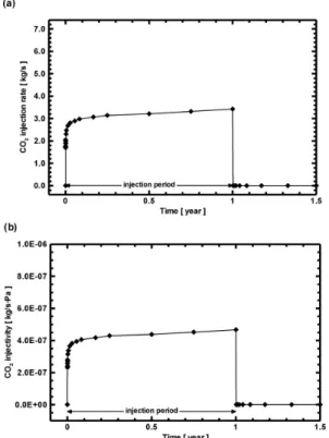 Fig. 4. Temporal changes in CO 2  pressure at the bottom  of the injection well for constant injection rate case.