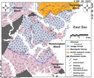 Fig. 7. Structural map of the study area showing bedding  traces of the basin fills with various structural data  (modified and improved from Kim et al., 2011).