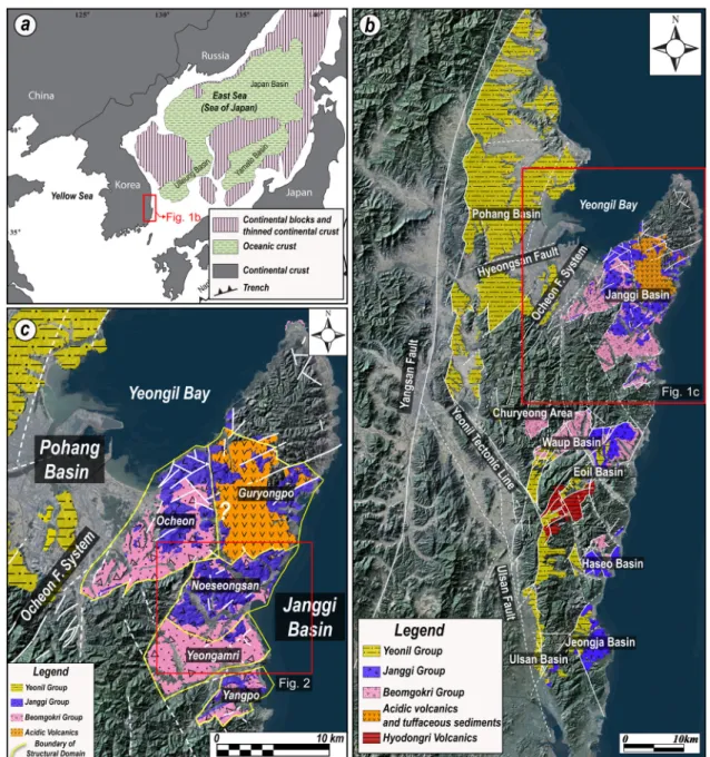 Fig. 1. Tectonic and geological maps around the study area. (a) Simplified tectonic map of the East Sea (after Jolivet  et al., 1991)