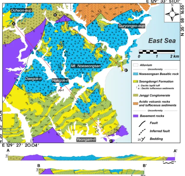 Fig. 2. Detailed geological map and representative cross sections of the study area with the locality of drilling hole  (JG-1) (modified and improved from Kim et al., 2011).
