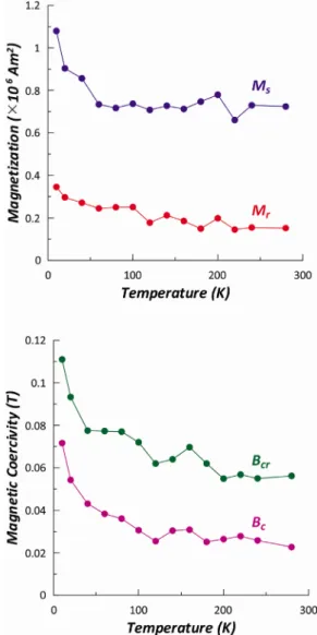 Fig. 2. Cooling-warming of room-temperature saturation  isothermal remanent magnetization (RT-SIRM) of  min-eral extracts during zero-field cooling from 300 K to 10  K and zero-field warming back to 300 K and its  derivatives