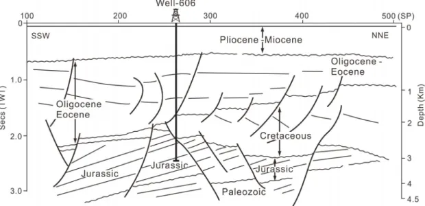 Fig. 3. SSW-NNE cross-section including the well 606 (modified from Massoud et al., 1991).