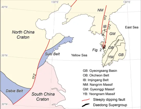 Fig. 1. General tectonic setting of the Mesozoic Daedong Supergroup in South Korea ,modified from Cluzel (1992),  Han et al