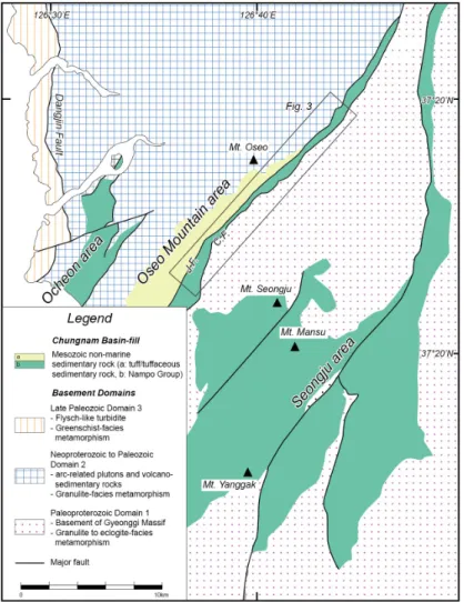 Fig. 2. Simplified tectonostratigraphic map around the Chungnam Basin, modified from Shimamura (1931), Lee  et al
