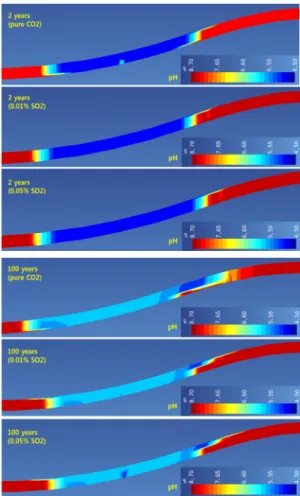Fig. 2. Temporal distribution of pH according to SO 2 content.험에 따른 상수로 일반적으로 1로 한다. 여기서 광물의 표면적은 모델링에서 매우 중요한 파라미터로 장기간 광물 포획에 영향을 미친다(Luo  et  al.,  2012)