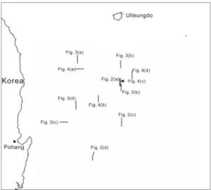 Fig. 1. Study area and locations of seismic profiles  shown in Fig. 2, 3 and 4.