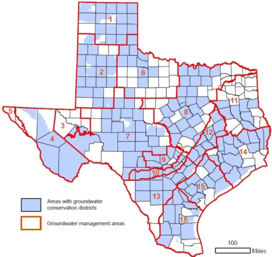 Fig. 2. Distribution of groundwater conservation districts and management areas in Texas State as of July 2010 (TWDB, 2011)