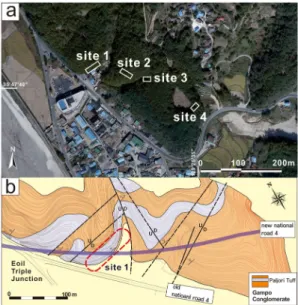 Fig. 1. Location (a) and geological map (modified after  Chwae et al. (1988) and Son (1998)) (b) of study area.