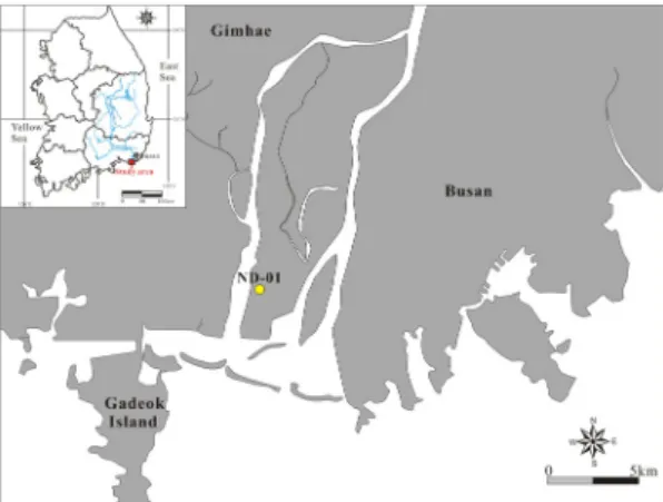 Fig. 1. Location map of the Nakdong Delta system  showing the core site (ND-01).