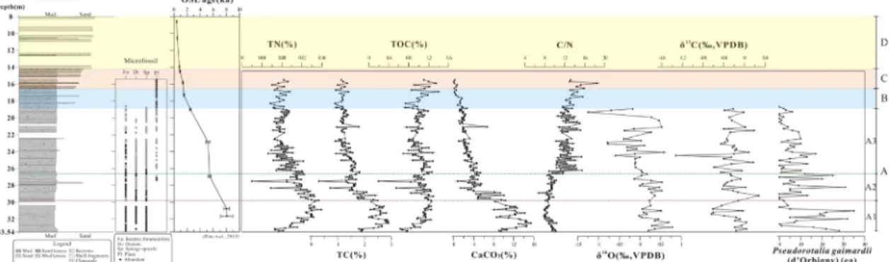Fig. 4. Synthetic correlation among lithostratigraphy, organic geochemical composition (TN, TC, TOC, CaCO 3 ,  C/N), stable isotope data (δ 18 O, δ 13 C), distribution of microfossils, and OSL ages of the ND-01 core sediments