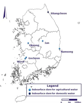 Fig. 1. Distribution of subsurface dams in the Republic of Korea.