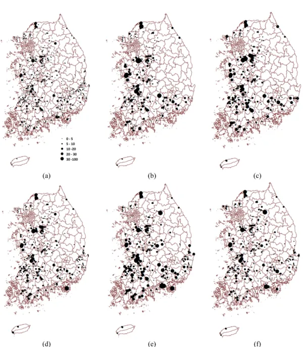 Fig. 2. Distribution map of the ratio of mean groundwater use to mean allocation for each well during 5 years (2010~2014): (a) average, (b) 2010, (c) 2011, (d) 2012