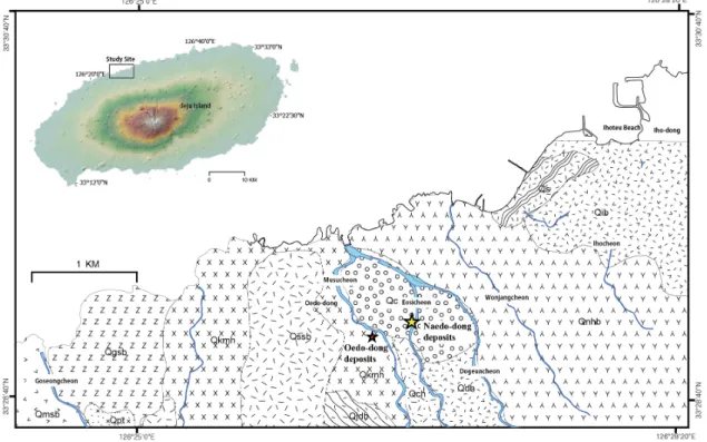 Fig. 1. Location and geologic map of the study area in Jeju Island (modified from Park et al., 1998)