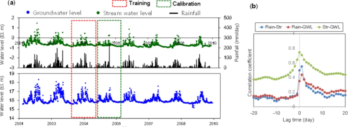 Fig. 6. An example of (a) observed time series data of groundwater level, stream water level and rainfall and allocation  of data for model training and calibration (UlsanBeomseo observatory) (b) with the result of cross correlation analysis.