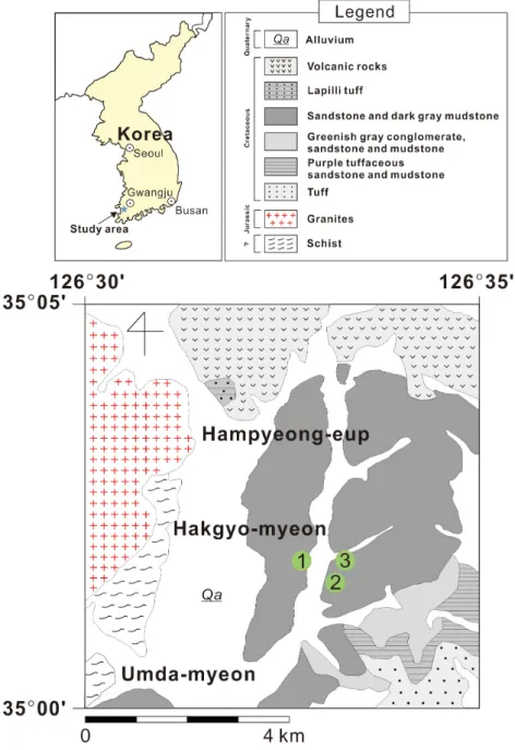 Fig. 1. Location and geological map of the study area (modified from Hwang et al., 2002) including localities of  the measured sections (HP-1, 2 and 3).