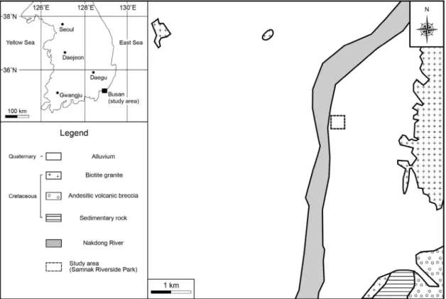Fig. 1. Location and geologic maps of the study area. The geologic map is modified from Lee and Kim (1964).